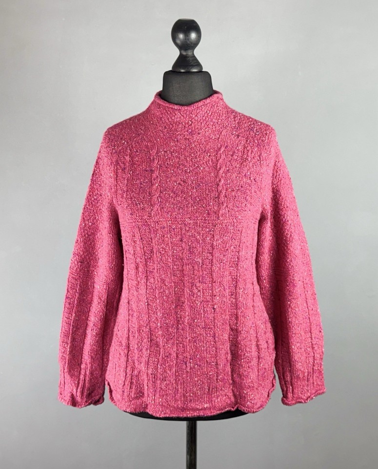 HARLEY of SCOTLAND Pink Textured Cable Knit Merino Wool Mock Neck Sweater Size L
