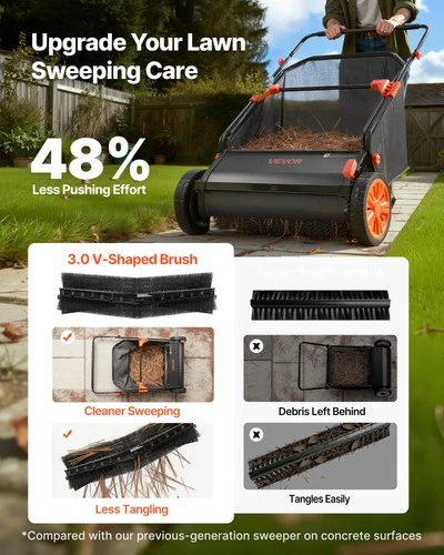 VEVOR Push Lawn Sweeper 26 in Leaf & Grass Collector 7 cu.ft. Hopper Bag Durable image 3
