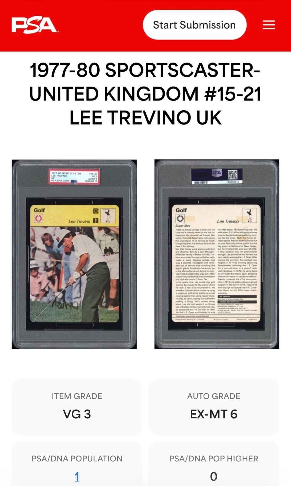 Signed Lee Trevino 1977 Sportscaster Golf Rookie Card HOF RC Auto POP 1! PSA view 3