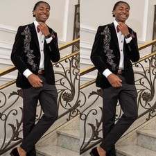 Black Velvet Men's Suits Gold Appliques Wedding Evening Party Prom Blazer Pant