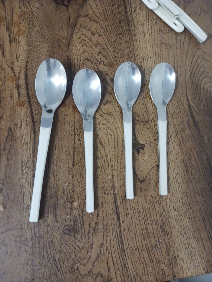 Vintage Stainless Steel Flatware Spoons with White Encased Handles Set of 4