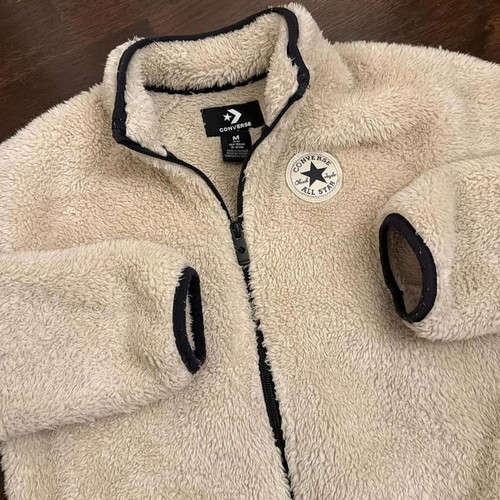 Converse, Vintage Converse Sherpa Fleece Jacket | Cream Beige with Black Trim | XS