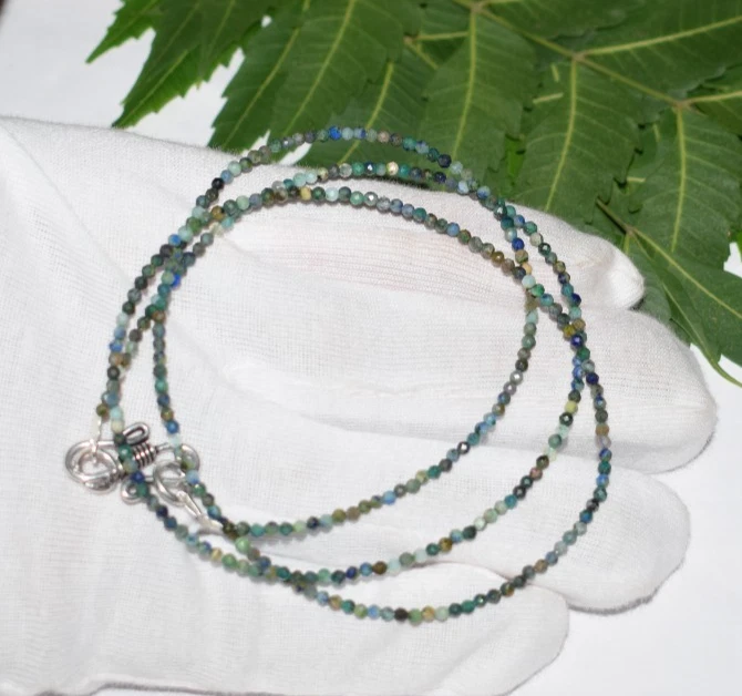 Naturale Azzurrite Collana con Perline 2 MM Gemma 925 Argento Sterling 132cm - Immagine 2 di 4