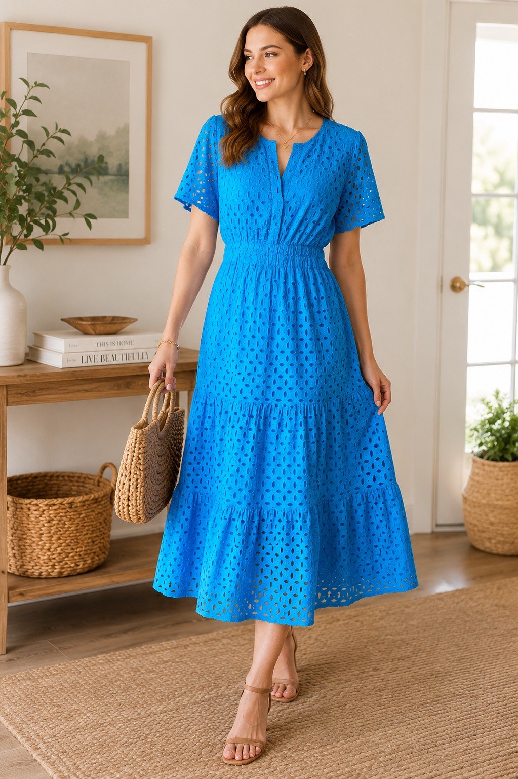 Unbranded Blue Eyelet Embroidered Midi Dress Women’s M Smocked Waist Lined