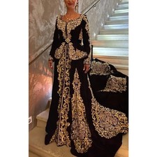 Black Velvet Prom Dresses Gold Applique Luxury Caftan Moroccan Evening Dress