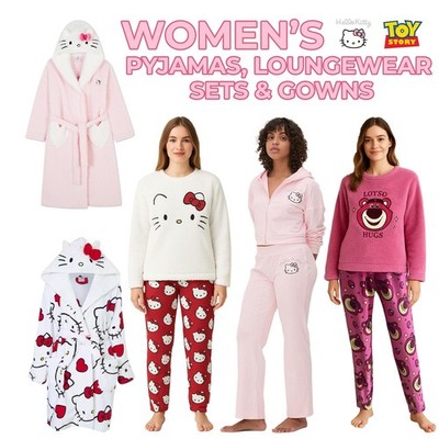 Damen Hello Kitty & Lotso Fleece Pyjama Morgenmantel Loungewear Hoodie XS-2XL