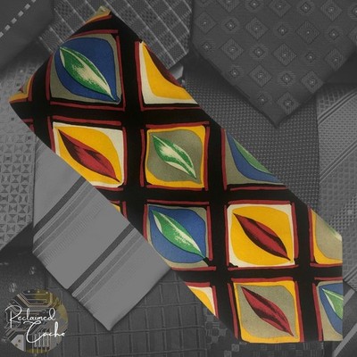 Imagination 100% Silk Multicolor Diamond Square Leaves Print Pointed Necktie Tie