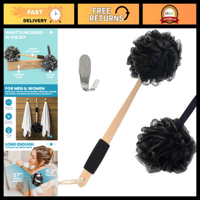 Exfoliating Bamboo Charcoal Back Scrubber with Handle | Loofah & Pouf Set, Hook