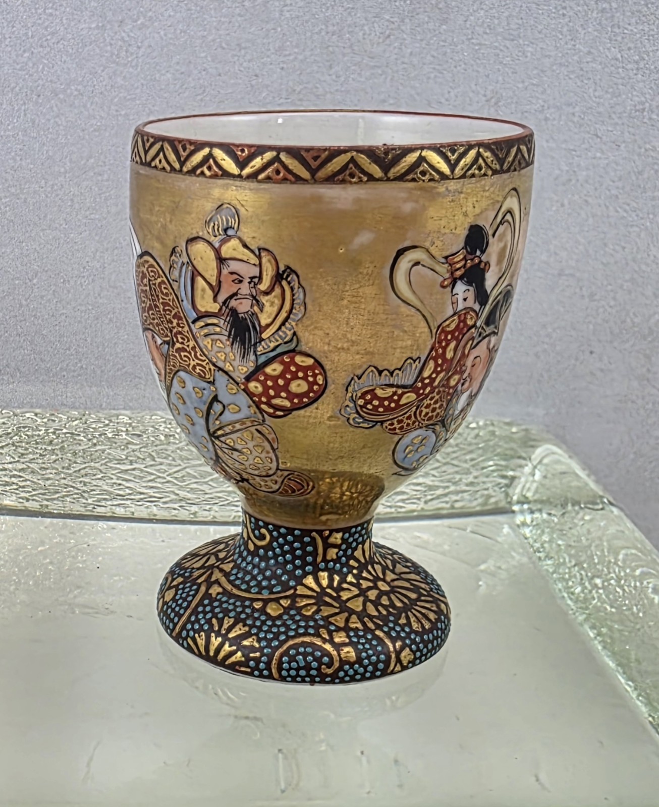 Antique Kutani Footed Sake Cup, Japanese Gilt Porcelain, Interior Poems - Rare