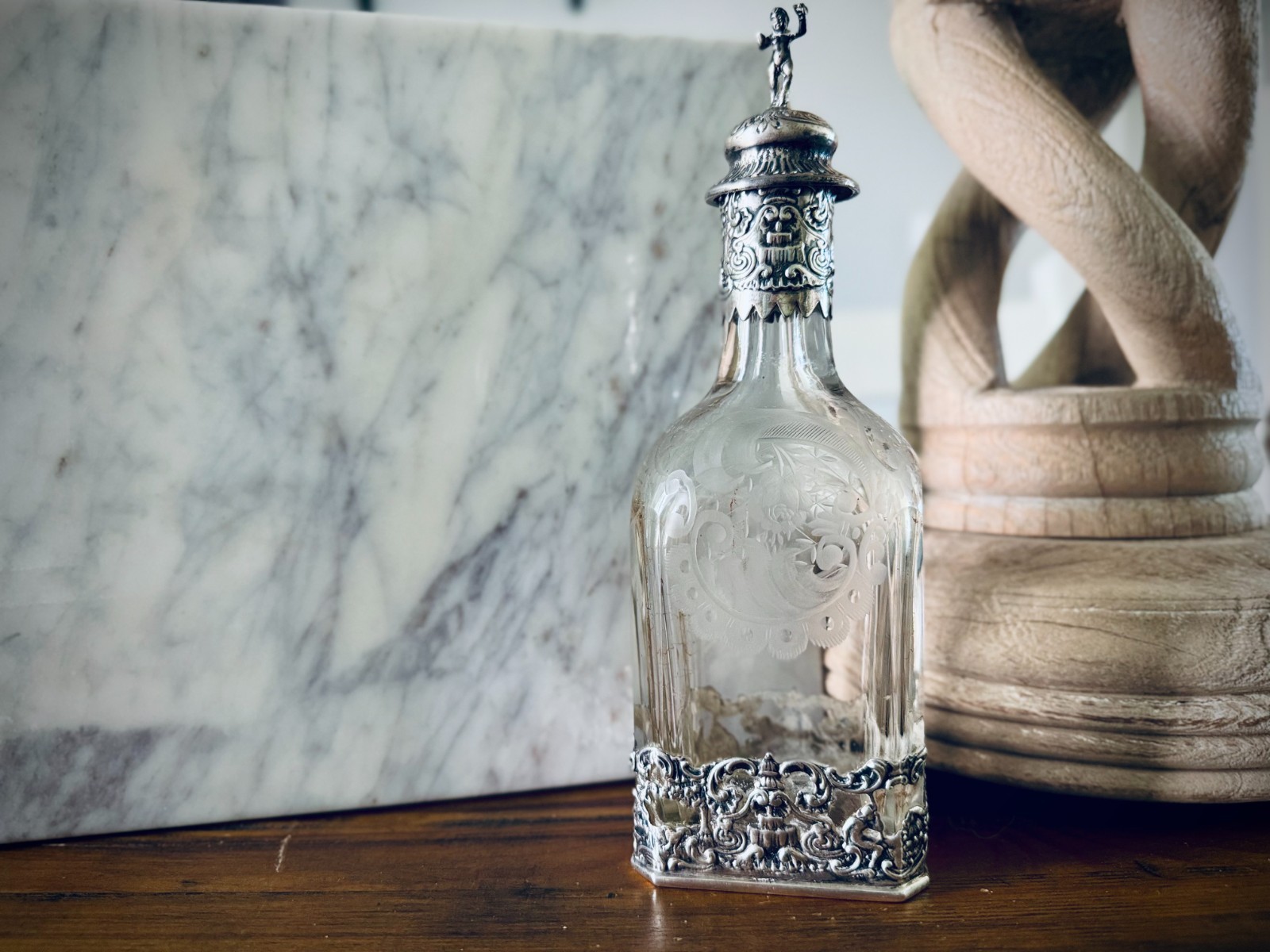 Antique Glass Decanter | Etched Glass Bottle with 800 Silver Repousse Overlay