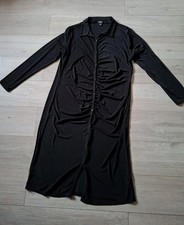 Boohoo Black Woven Stretch Midi Dress Ruched Button Front Long Sleeves UK28