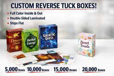 5000 Custom Reverse Tuck Boxes - Color Inside/Outside, Laminated, Folder Gluer