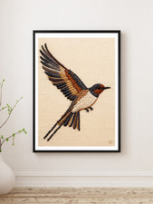 Barn Swallow French Knot Embroidered Art Re-Print Stretched Canvas RTH 12x16