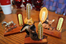 5pcs  Vintage Cedar Wood Souvenir Thermometer  Deer - Skunk - Horse Figurines