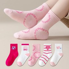 5 pairs of spring and summer children's socks for girls, pink heart striped cute