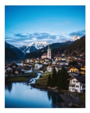 Mountain Village Landscape Wall Art Poster - Serene Alpine Scene