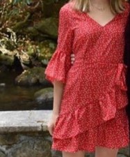 Lulu’s Red Polka Dot Mini Wrap Dress Size Medium Ruffle Sleeve Cocktail Romantic