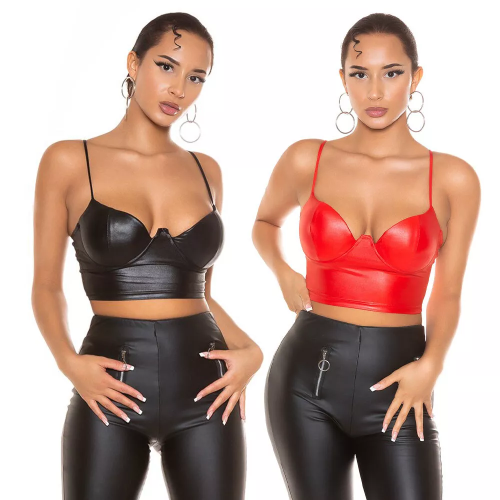 Leather Look Bustier Crop Top Back Zip Corset Spaghetti Straps - Black &  Red