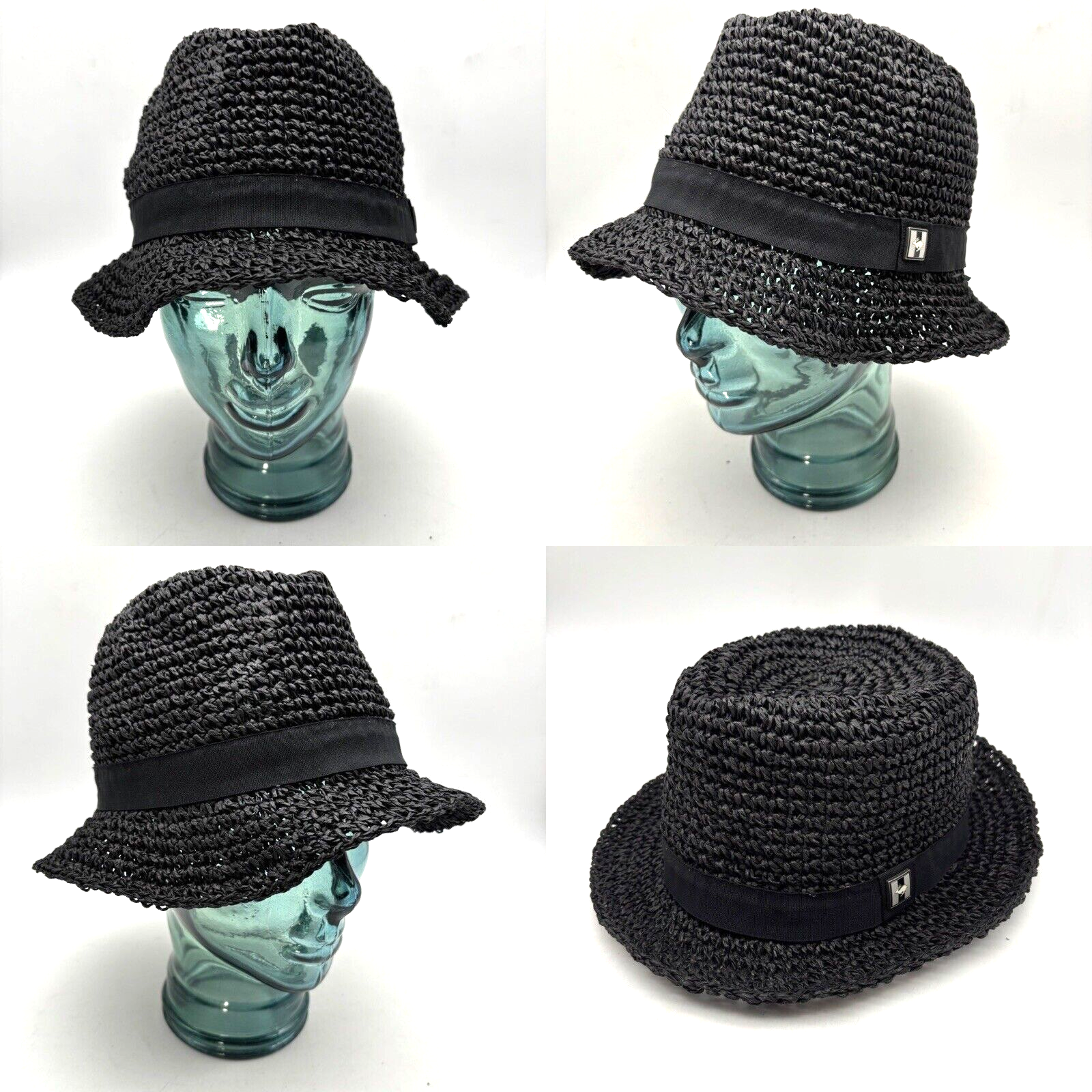 Peter Grimm Black Woven Fiber Fedora Hat OSFM 23 1/4 Inch Stylish Natural Paper Finish