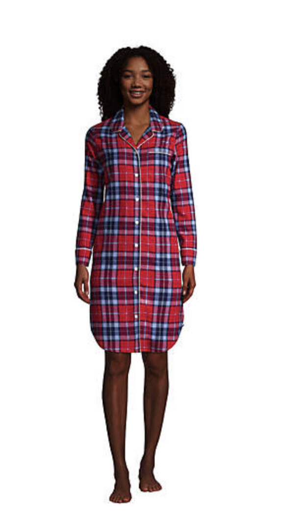 Women Lands’ End Long Sleeve Button Down Flannel Nightshirt LARGE Red