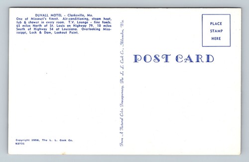 Vintage Duvall Motel Postcard, Clarksville MO, Street View Unposted - Picture 2 of 2