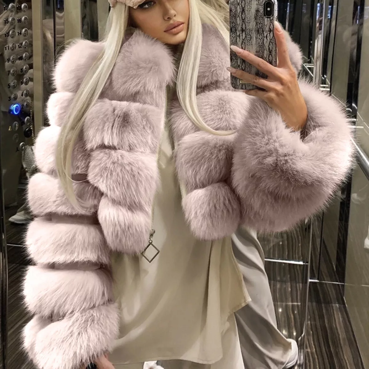 Women Plus Short Faux Fur Coat Warm Furry Jacket Long Sleeve