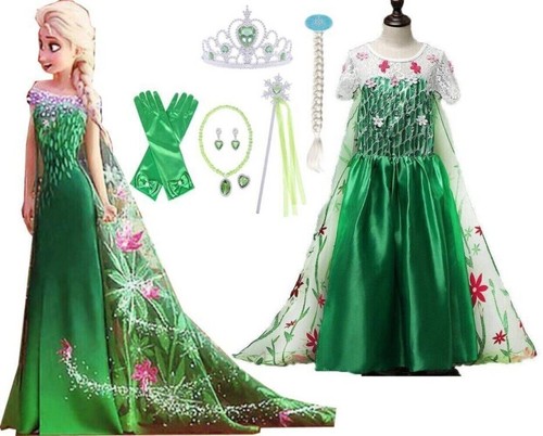 Kids Girls Princess Queen Elsa Anna Halloween Cosplay Costume Fancy Dress&Crown - Picture 25 of 36