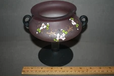 VTG HAND PAINTED FLOWERS ON FROSTED AMETHYST GLASS PEDESTAL FOOTED COMPOTE DISH