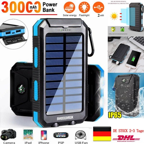 30000mAh Solar Power Bank Charger Ladegerät Externer Batterie+LED 2 USB Akku DE - Bild 3 von 20