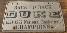 1991 1992 Duke National Basketball Champions Booster License Plate Durham PEWTER