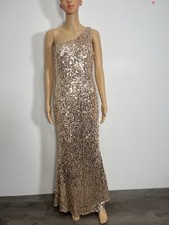 Gold One Shoulder Beaded Sequin Gown Women Prom Formal Homecoming
