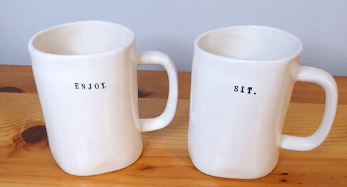 2 Sit Enjoy Rae Dunn Double Sided Coffee Ceramic Cream Mug w Chairs Set Pr