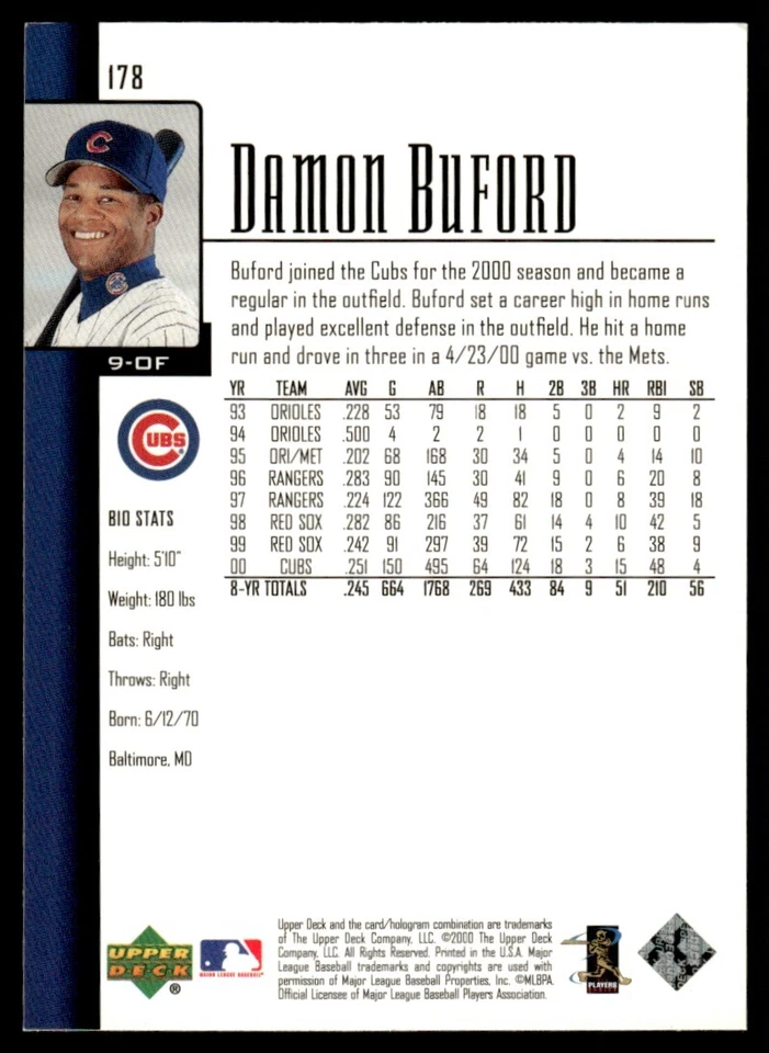2001 Upper Deck #178 Damon Buford Chicago Cubs - Image 2 of 2