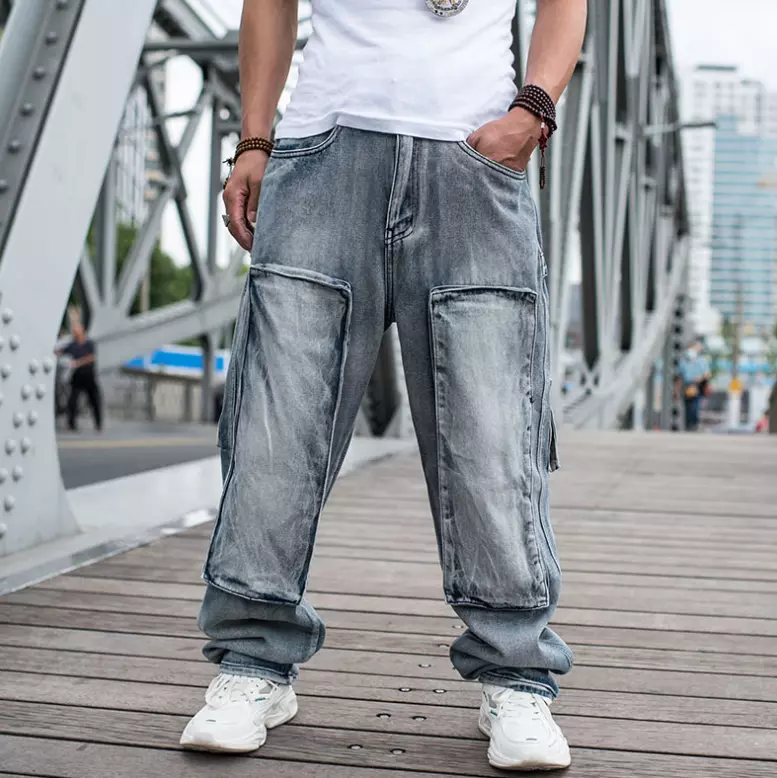 Mens Straight Jeans Loose Cargo Denim Pants Combat Work Pockets Trousers  Casual | eBay