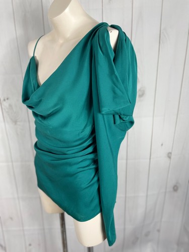 Catherine Malanndrino Green Draped Cowl Neck Cold Shoulder LS Silk Blouse Top 6 - Picture 2 of 8