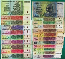 1 - 10 Trillion Dollars Zimbabwe 2008 Set of 22 Banknotes 50 Billion 100 Million