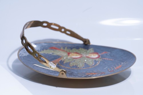 Vintage Cloisonne Enamel Brass Handled Basket Horn Holly Oval Shape 7.5 " India - Picture 3 of 4