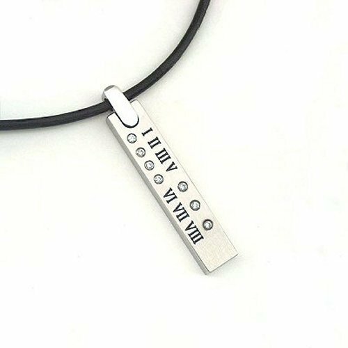 NL110 Bausch K Stainless Steel CZ Bar Roman Numerals Pendant Cord Necklace New - Picture 1 of 4