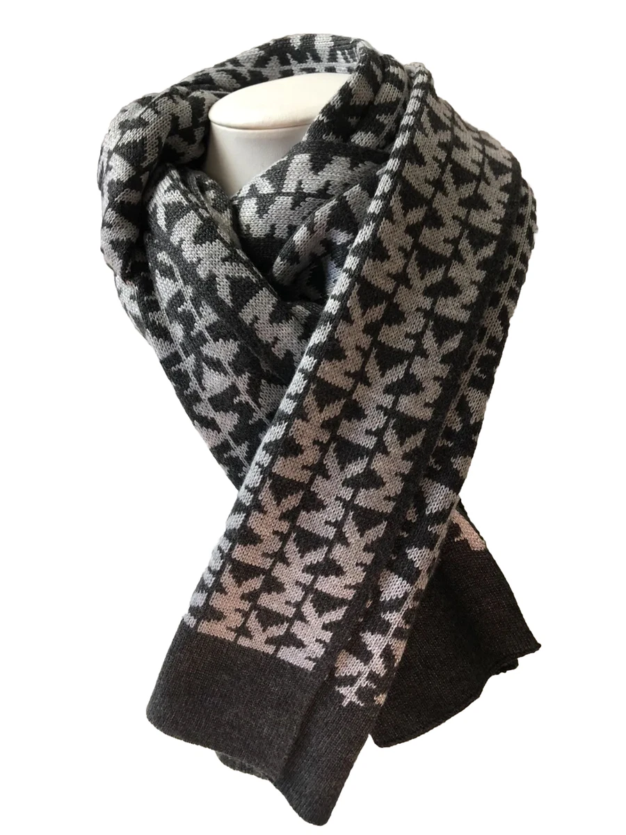 MICHAEL KORS MONOGRAM KNIT BLANKET WRAP SCARF GRAY/Black/White