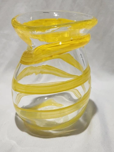 Murano vintage glass vase hand Blown Yellow Swirl Clear Italian Brutalist