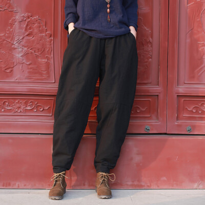 Women Cotton Linen Pants Padded Trousers Vintage Quilted Thick Warm Winter  Retro