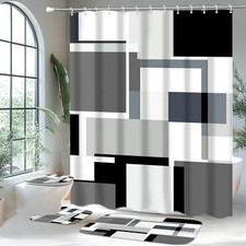 4 Pcs Bathroom Sets with Shower Curtain and RugsGrey Geometric Bathroom Showe...