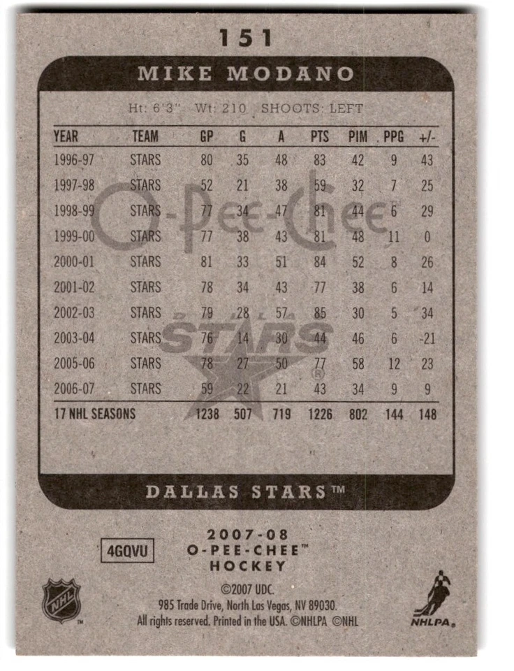 2007-08 O-Pee-Chee Mike Modano #151 Dallas Stars - Image 2 of 2