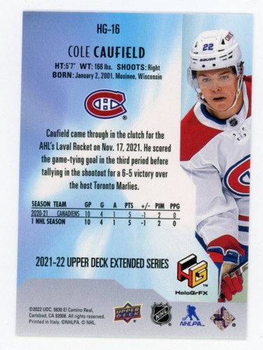 2021-22 Upper Deck Extended Series Cole Caufield HoloGrFx RC Montreal Canadiens - Picture 2 of 2