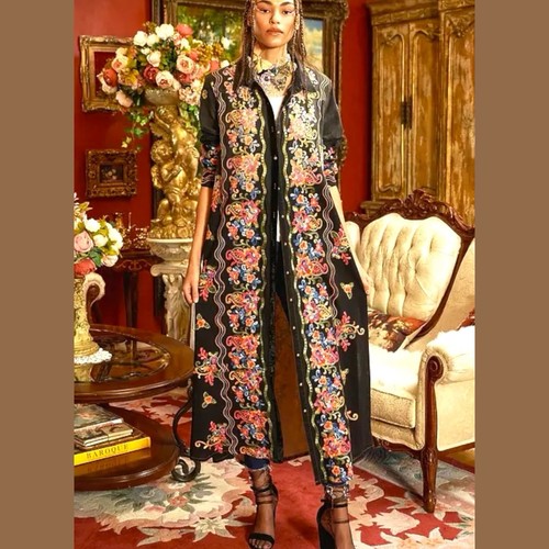 Aratta Meadow of Flowers Long Embroidered Duster Bohemian Collared Black SZ S M