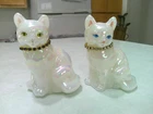 2 Fenton Cat Kitty Figurines Iridescent Hand Painted Signed Rhinestone Collar