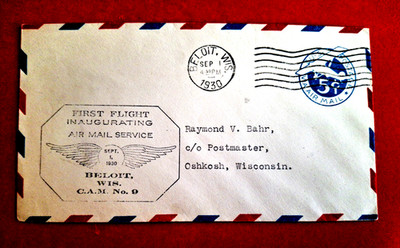 BELOIT Wisconsin Inaugural 1st Flight Cover Beloit-Oshkosh Sept 1, 1930 CA M #9