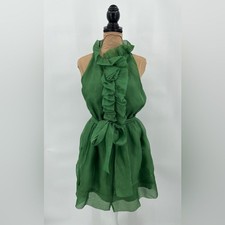 Green silk ruffle halter cocktail dress 10 holiday festive Christmas elegant