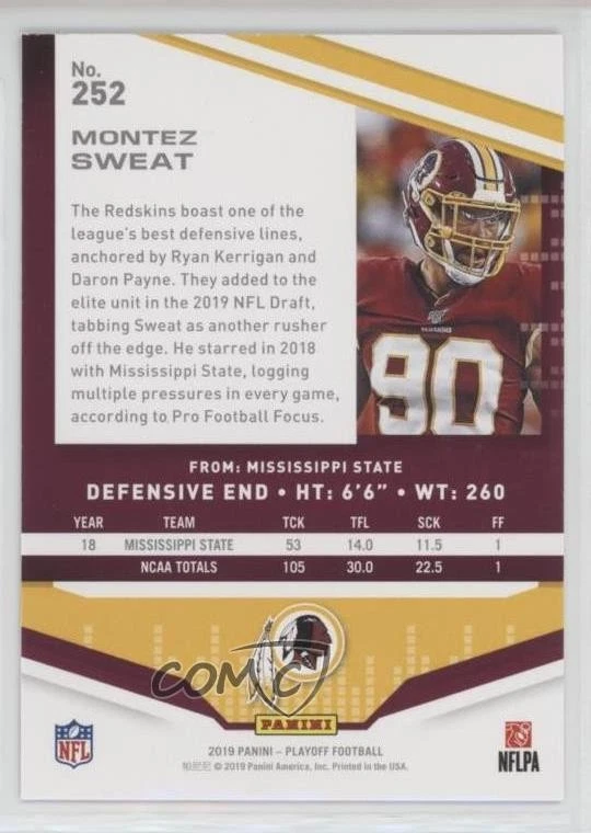 2019 Panini Playoff Rookies Montez Sweat #252 Rookie RC - Image 2 of 2