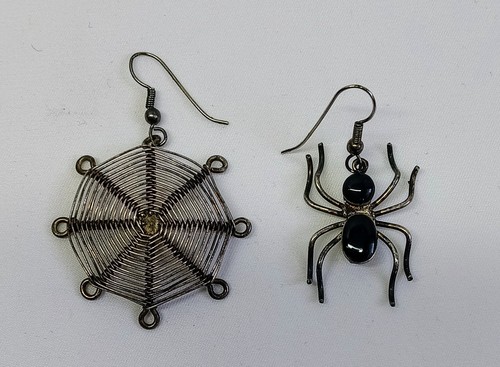 Vintage Spinnennetz & Spinne Ohrringe Silber & Schwarz Onyx 1,5" Gothic Halloween - Bild 2 von 7